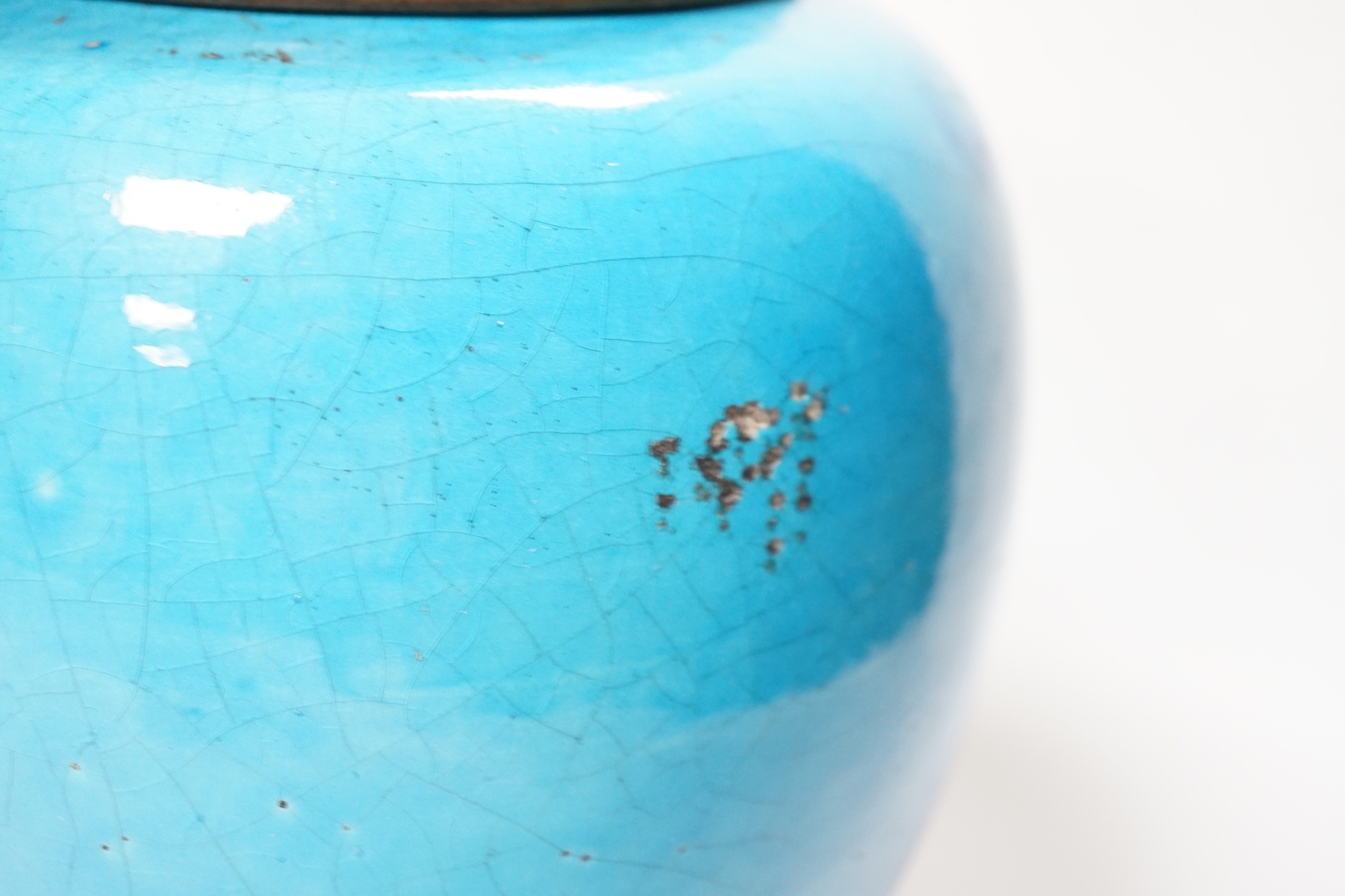 Robert Lallemant (1902-1954), a French turquoise glazed vase with Chinese hardwood stand and cover, 30cm total height